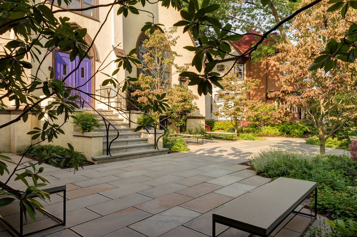 ANDLC-First United Presb Church Front Courtyard and benches-left.jpg